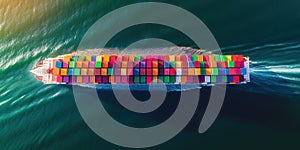 Generative AI, container ship in import export and business logistic. Aerial view, water transport