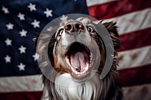 Generative Ai content. Generative Ai content. Australian shepherd dog on the background of the American flag. Beautiful