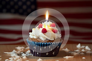 Generative Ai content. Tasty patriotic cupcake on table against USA flag. USA patriotism. Sweet dessert. American Flag
