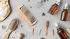Generative AI Cosmetic ampoules with serum and vitamins for hair growth restorationWooden hair comb natural solid