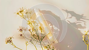 Generative AI Cosmetic plastic tube with flowers on light background with copy space Natural cosmetics concept bus