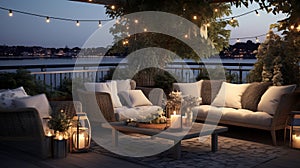 Generative AI, Cozy balcony in the evenind with lantern, garland and candles. Soft sofas and chairs for relax photo