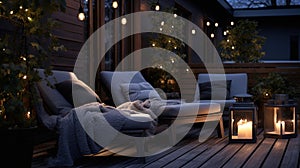 Generative AI, Cozy balcony in the evenind with lantern, garland and candles. Soft sofas and chairs for relax photo