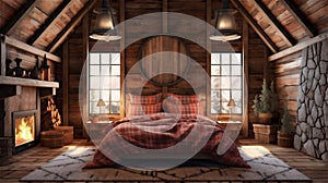 Generative AI, Cozy and Warm Rustic Bedroom with Stone Fireplace