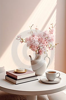 Generative AI Cozy workplace with different things Beautiful calla liles in vase pile of books opened diary with w photo