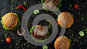 Generative AI Craft beef burgers with vegetables Flat lay on black textured background with sesame seeds business