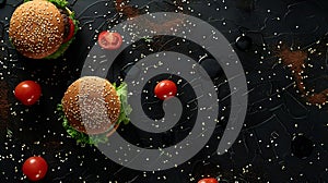 Generative AI Craft beef burgers with vegetables Flat lay on black textured background with sesame seeds business