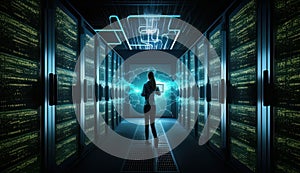 Engineer manager connecting data center on global networking in the server room