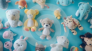 Generative AI Creative concept children toy composition Many stuffed animals toys isolated mock up view copy space