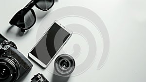 Generative AI Creative Flat lay style with film camera sunglasses and smartphone on white background with copy spa