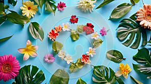 Generative AI Creative layout with colorful flowers leaves and heart shape Anniversary conceptFlat lay business co