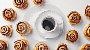 Generative AI Creative layout made of cinnamon buns and cup of coffee on the white background Flat lay Food concep
