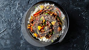 Generative AI crispy ground beef with stirfried veggies and a stickysweet orange sauce topped on rice in black bow