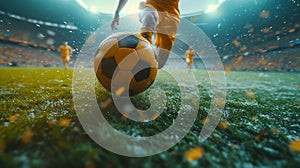 Generative AI Cropped image of running soccer, football player at stadium during football match. Concept of sport,