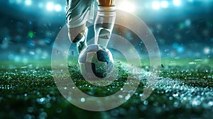 Generative AI Cropped image of running soccer, football player at stadium during football match. Concept of sport,