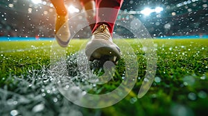 Generative AI Cropped image of running soccer, football player at stadium during football match. Concept of sport,