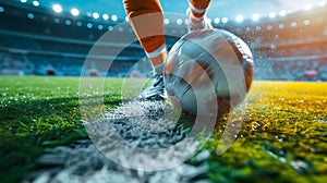 Generative AI Cropped image of running soccer, football player at stadium during football match. Concept of sport,