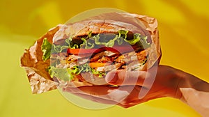 Generative AI Cropped unrecognizable person hand holding sandwich with grilled chicken fresh lettuce and tomatoes
