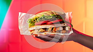 Generative AI Cropped unrecognizable person hand holding sandwich with grilled chicken fresh lettuce and tomatoes