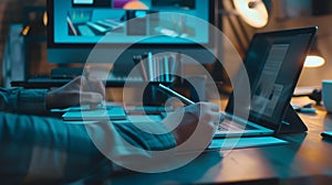 Generative AI Cropped view of designer planning ux interface of website and using graphics tablet and laptop on ta