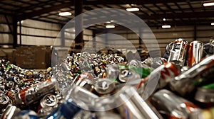 Generative AI Crushed soda and beer cans at a recycling facility. The cans will be shipped to an aluminum foundry.