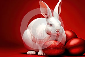 Generative AI of cuddly Easter bunny and Red Eggs: Create a Happy Easter Celebration with Realistic and Lifelike Illustrations