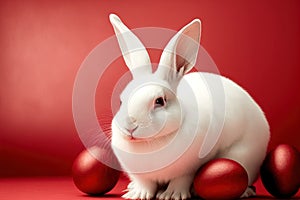 Generative AI of cuddly Easter bunny and Red Eggs: Furry Easter Bunnies, Red Eggs and a