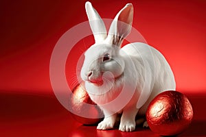Generative AI of cuddly Easter bunny and Red Eggs: Generated Bunnies and Red Eggs for an Authentic Easter Tradition