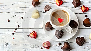 Generative AI Cup of aromatic coffee with heart shaped decoration and chocolate candies on white wooden table flat