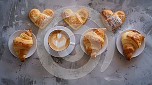 Generative AI Cup of coffee with hearts and fresh croissants in a row on gray grunge background Top view flat lay