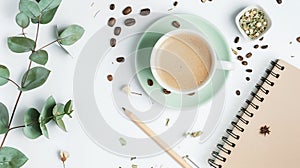 Generative AI Cup of coffee with milk sketchbook pencil green leaves and dried flowers Overhead view Isolated on w