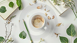 Generative AI Cup of coffee with milk sketchbook pencil green leaves and dried flowers Overhead view Isolated on w