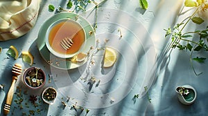 Generative AI Cup and ingredients for immunity boosting tea on grey table flat lay business concept.