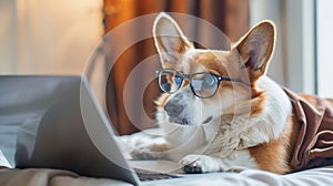 Generative AI Cute corgi dog looking into computer laptop working in glasses and shirt business concept.