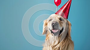 Generative AI Cute dog celebrating with red pary hat and blow-out against a blue background and copy space to side