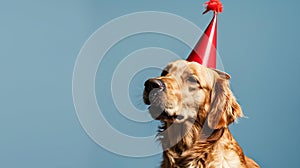 Generative AI Cute dog celebrating with red pary hat and blow-out against a blue background and copy space to side
