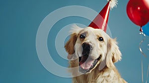 Generative AI Cute dog celebrating with red pary hat and blow-out against a blue background and copy space to side