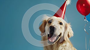 Generative AI Cute dog celebrating with red pary hat and blow-out against a blue background and copy space to side photo
