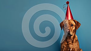 Generative AI Cute dog celebrating with red pary hat and blow-out against a blue background and copy space to side photo