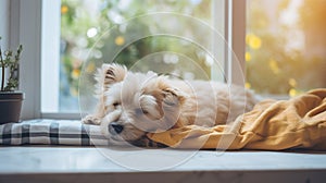 Generative AI, cute dog sleeping on cozy warm blanket near the window