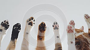 Generative AI Cute dogs and cats together hanging paws over white horizontal website banner or social media header