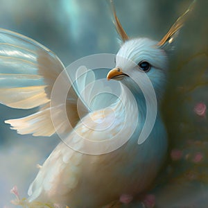 Generative AI: cute exotic fantasy bird very feathery in pastel colors on a light background