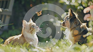 Generative AI cute fluffy friends a cat and a dog catch a flying butterfly in a sunny summer garden business conce