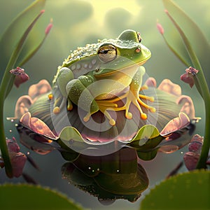 Generative AI: cute frog on a waterlilly in a pond with flowers