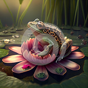 Generative AI: cute frog on a waterlilly in a pond with flowers