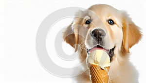 Generative Ai cute golden retriever is licking ice cream on white background