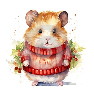 Generative AI, cute hamster animal, pet in Christmas hat and ugly sweaters