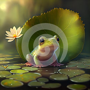Generative AI: cute little frog on a waterlilly in a lake