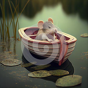 Generative AI: cute mouse in a fantasy boat with waterlilly in a pond