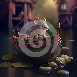 Generative AI: cute mouse in a fantasy boat with waterlilly in a pond